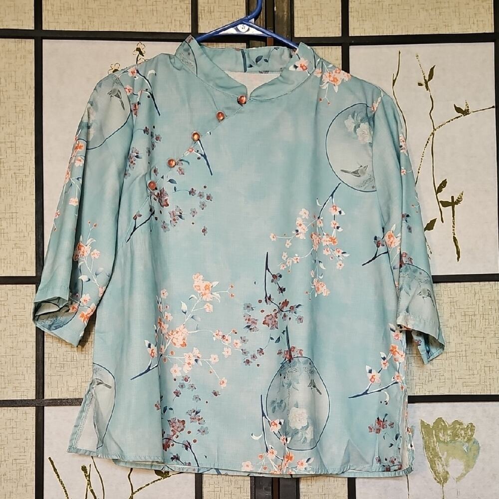 Boxy Green and Blue Blouse with Mandarin Collar